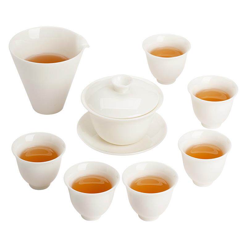 静涵8头茶艺组德化白瓷羊脂玉瓷三才盖碗茶杯整套功夫茶具小套装