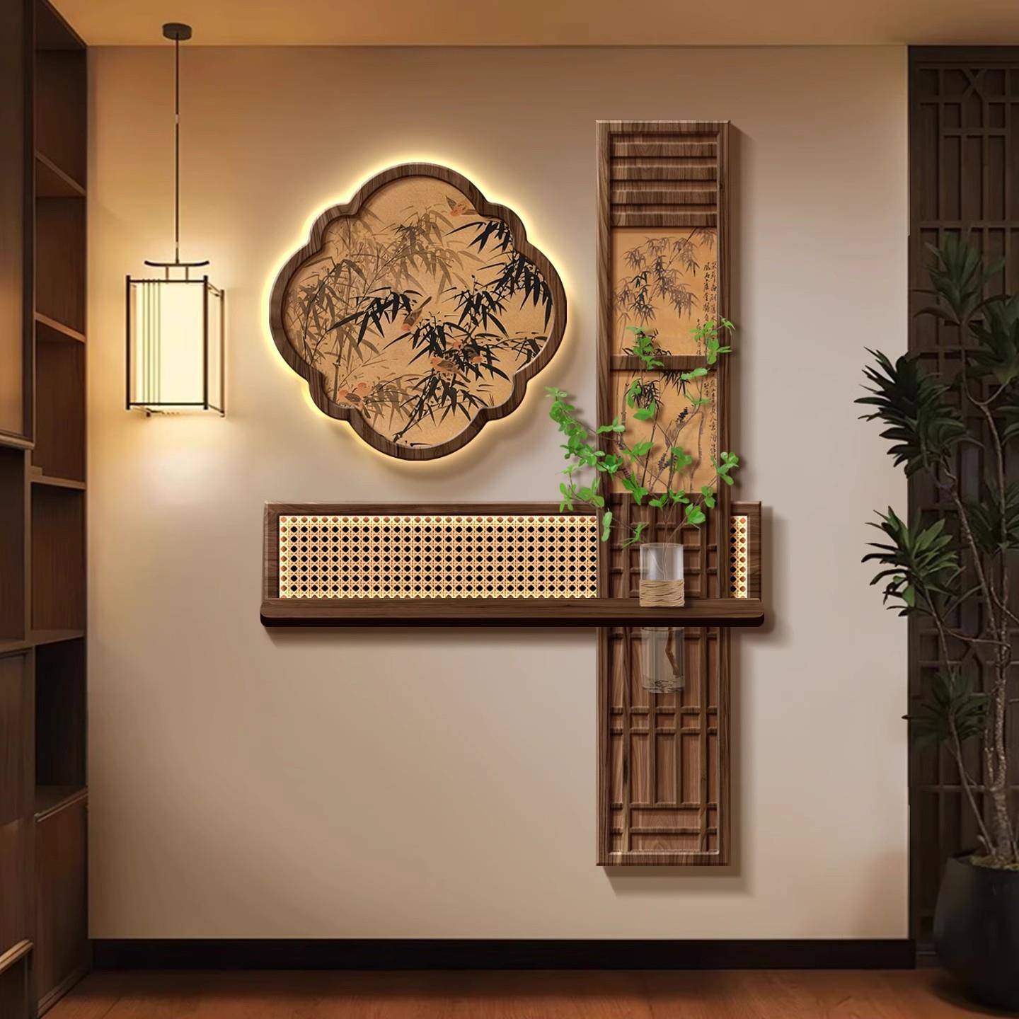 宋代美学玄关装饰画水培绿植灯画发光高级感走廊挂画过道组合壁画