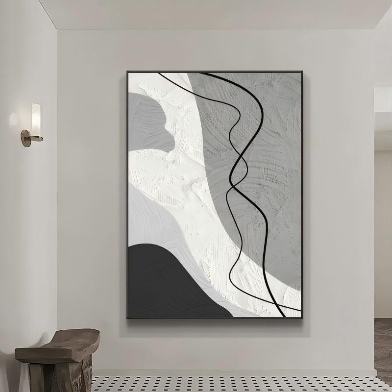 黑白抽象玄关装饰画高级感走廊过道挂画肌理入户壁画铝合金框