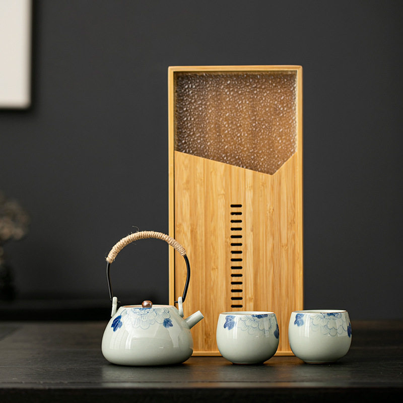 手绘提梁茶壶茶杯茶具套装家用泡茶功夫小套家用一壶二杯蓄水茶盘