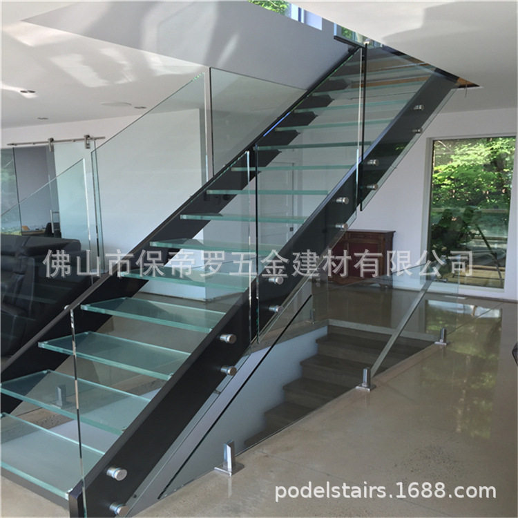 玻璃广告钉栏杆楼梯护栏侧装楼梯栏杆钢化玻璃木质扶手