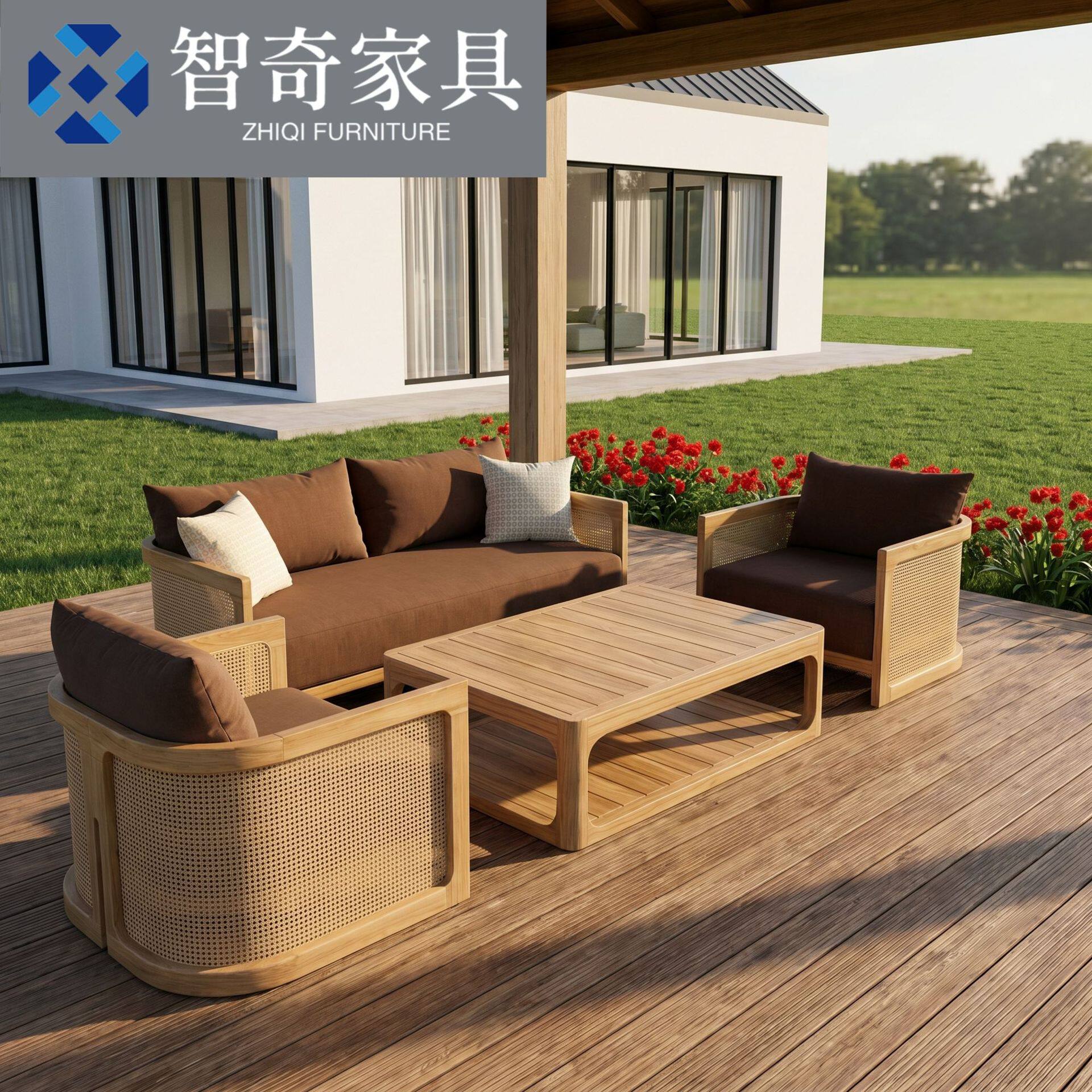 户外柚木沙发别墅酒店户外沙发庭院户外休闲沙发茶几户外藤编沙发