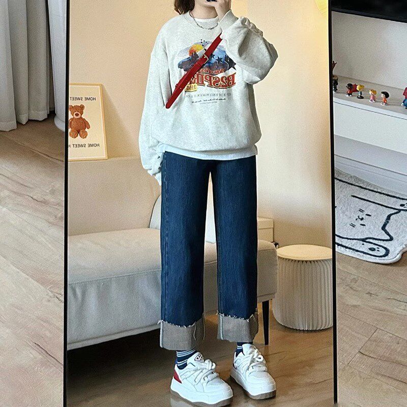 速发深蓝色直筒牛仔裤宽胖子妹妹mm大码裤松九分高腰卷边阔腿裤