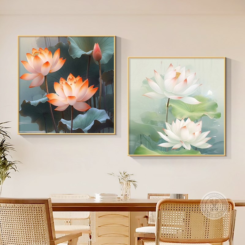 速发荷花装饰画新中式餐厅挂画书房茶室装饰画正方形晶瓷莲花壁画图片