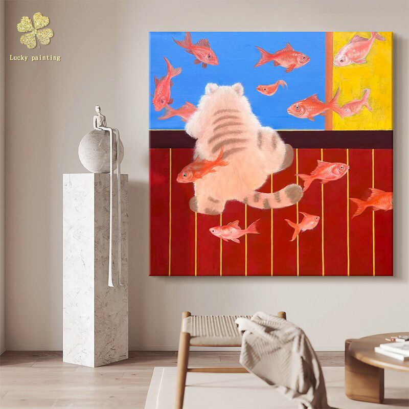 速发小众艺术客厅装饰画玄关创意飞鱼可爱猫咪纯手绘油画卧室趣味