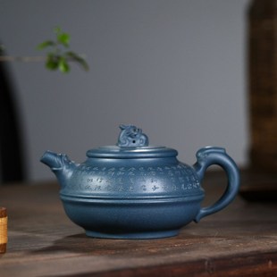 复古茶 紫砂壶天青民国绿l泥纯手工家用大容量泡茶壶刻字浮雕中式