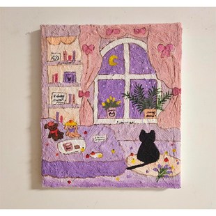 紫色 饰s画多巴胺客厅餐厅创意小众艺术玄关挂壁 梦马蒂斯猫咪装