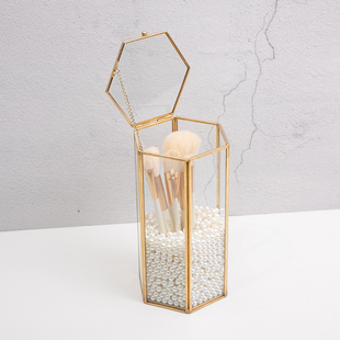 六边形翻盖防尘桌面化妆刷收纳筒透明玻璃美妆刷子刷W具笔刷筒公