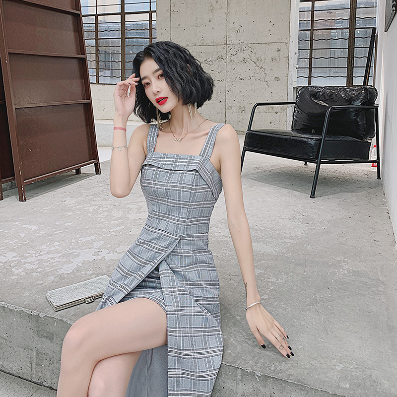 日本品质日常可穿晚礼服女平时可穿吊带格子裙名媛欧美气质宴会派