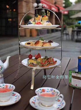 英式下午茶双三层点心架子甜品盘蛋糕G架创意欧式镀银水果架海鲜