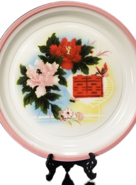 老式怀旧a搪瓷茶盘水果盘婚庆喜字干果盘茶托盘敬茶盘大号圆形托