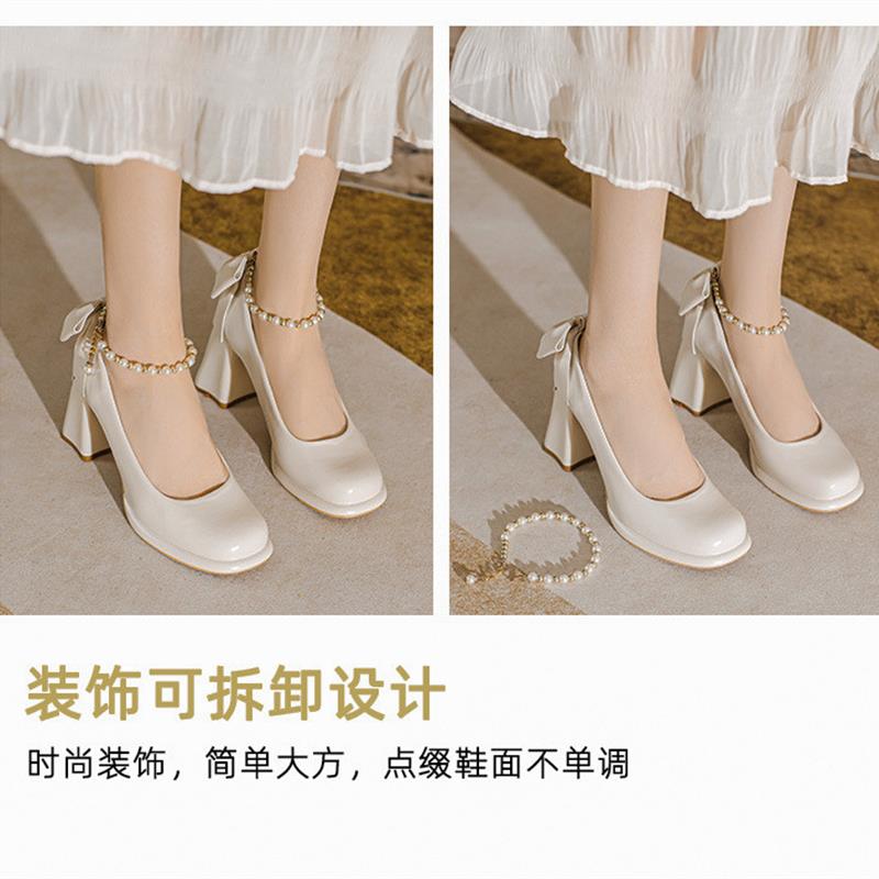 玛丽珍女鞋2023新款夏季法式复古白色高跟鞋配裙子配旗袍粗跟单鞋