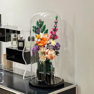 适用乐髙花束展示盒防尘罩10280玫瑰玻璃罩花瓶亚克力积木收纳盒
