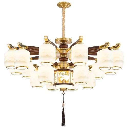 复式楼客厅灯大厅主灯高端大气实木中国风餐厅卧室吊灯新中式吊灯