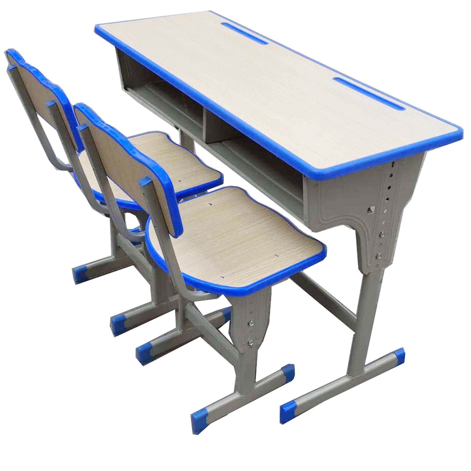 课桌椅双人单柱升降单层斗兰色包边反靠背椅中小高学生