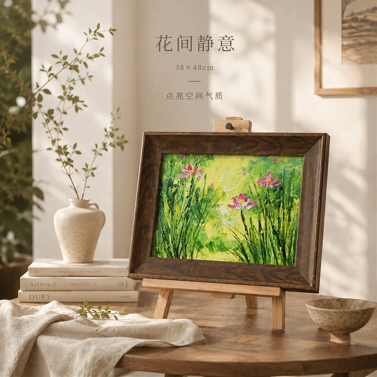 《绿底清新荷花》系列二/38*48布面客厅玄关艺术油画治愈系挂画田