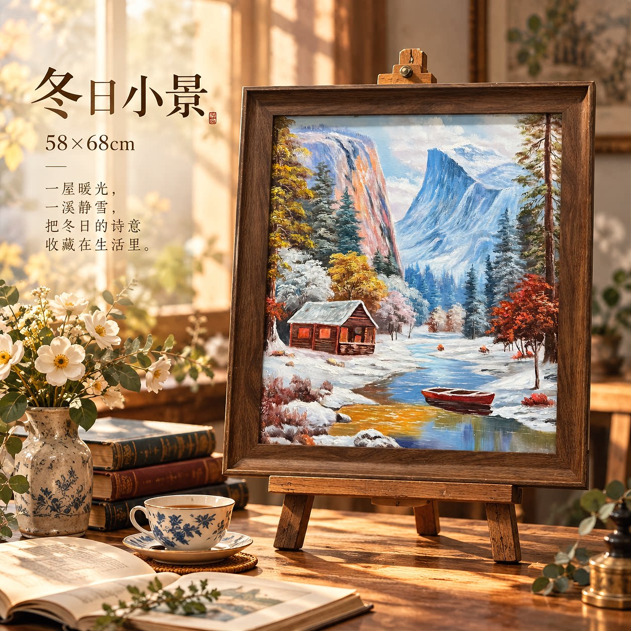 油画杰老师《雪岭溪畔木屋》系列二/58*68布面客厅玄关艺术油画治