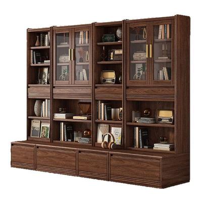 新中地式黑胡桃实木书物柜墙格940430子展书架玻璃门组合置物柜落