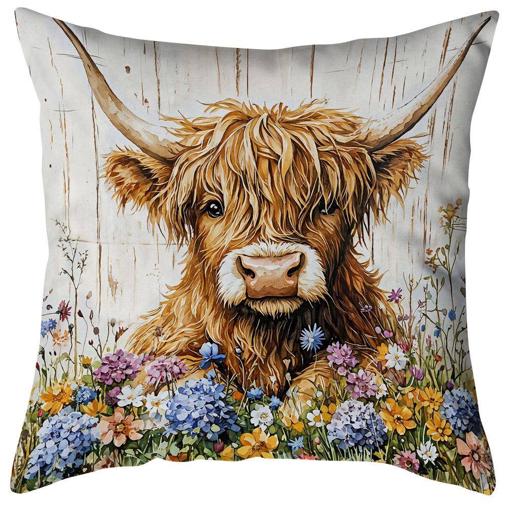 跨境高地牛动物抱枕套向日葵亚麻抱枕套办公室车载沙发装饰靠枕套