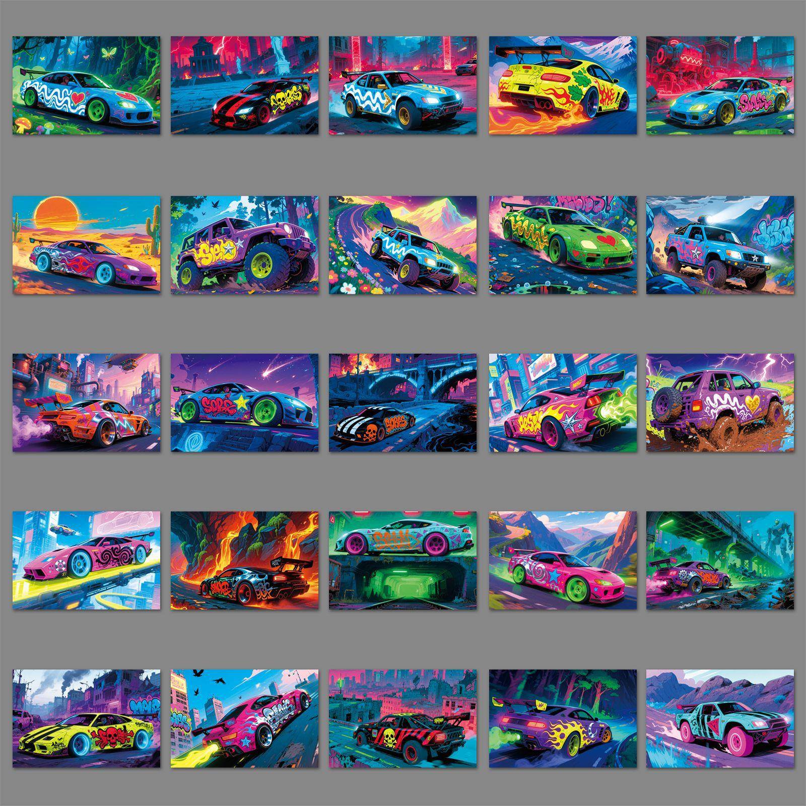 50张新款赛车涂鸦贴纸跨境炫酷潮玩海报咕卡装饰手机汽车平板贴纸