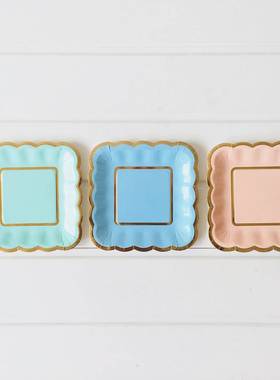 Party Plates 烫金彩色圆点小方盘粉色蓝色薄荷绿新款蛋糕碟餐盘