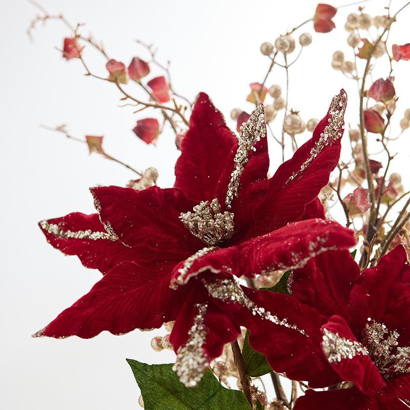 跨境新品圣诞节装饰品大号圣诞花33cm高档仿真花插花节日装饰配件