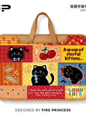 FIREPRINCESS黑色猫笔记本电脑包新款手提适用苹果macbook小新air华为matebook14寸保护套女联想pro16内胆包
