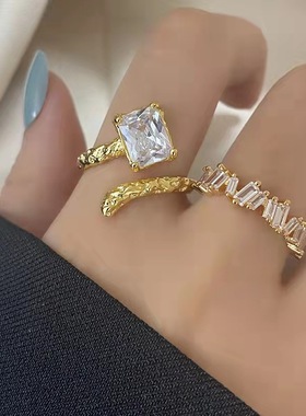 MM日韩女生开口戒指可调节锆石不规则褶皱树枝夜光石金银色生日