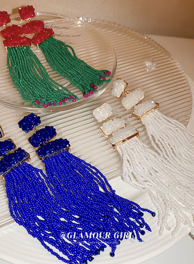 东大门压克力米珠流苏耳环欧美夸张大气耳坠时尚气质百搭耳饰