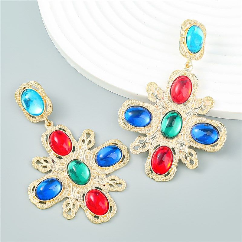 欧美跨境新款十字架合金镶树脂耳坠几何耳环女波西米亚民族风耳饰