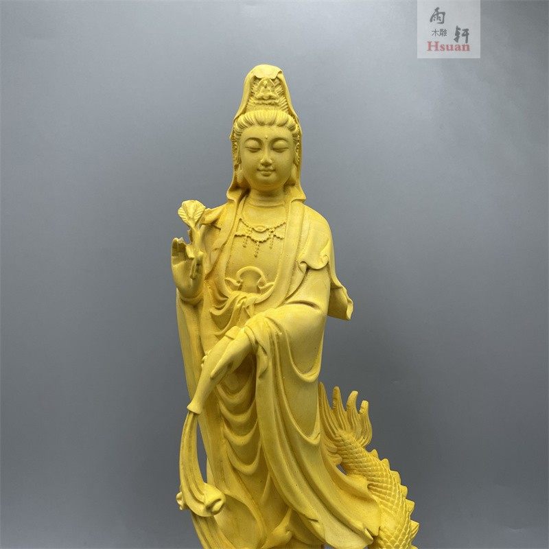 崖柏黄杨木雕刻御龙观音工艺品风水饰品佛像摆件实木客厅家居供奉