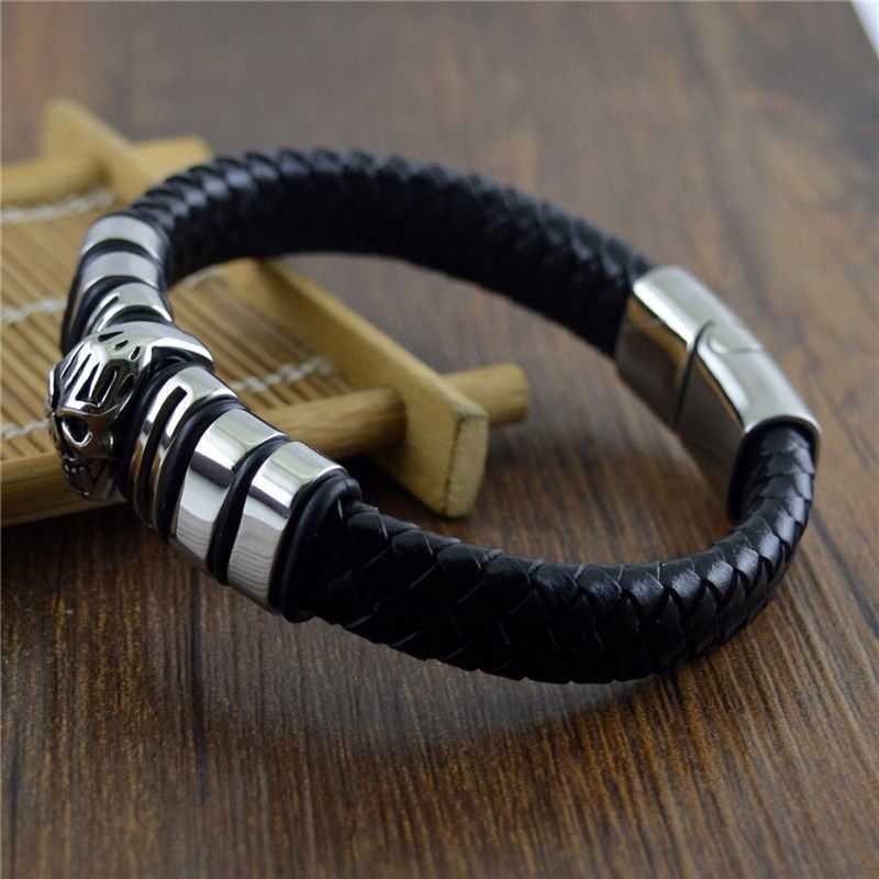 欧美复古钛钢真皮手环个性骷髅头手镯 男士霸气百搭首饰品LEB018