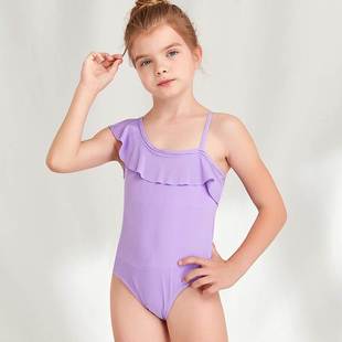 swimsuit 女Peplum 新款 儿童连身纯色泳衣女童吊带斜肩荷叶边泳装