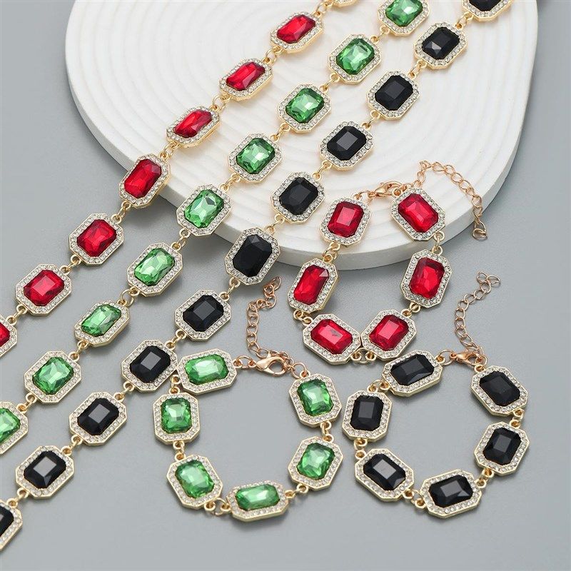 欧美手錬项链套装玻璃钻满钻配饰女方形合金镶钻嘻哈饰品necklace