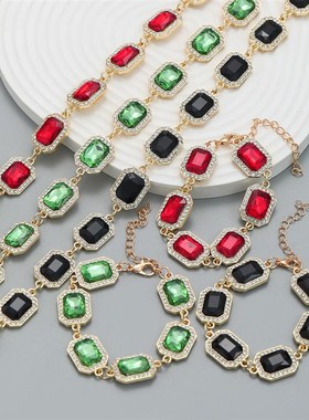 欧美手錬项链套装玻璃钻满钻配饰女方形合金镶钻嘻哈饰品necklace