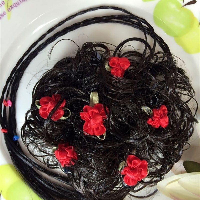 小女孩新宠儿童假发带辫子女童丸子头演出头饰花苞可爱古装摄影