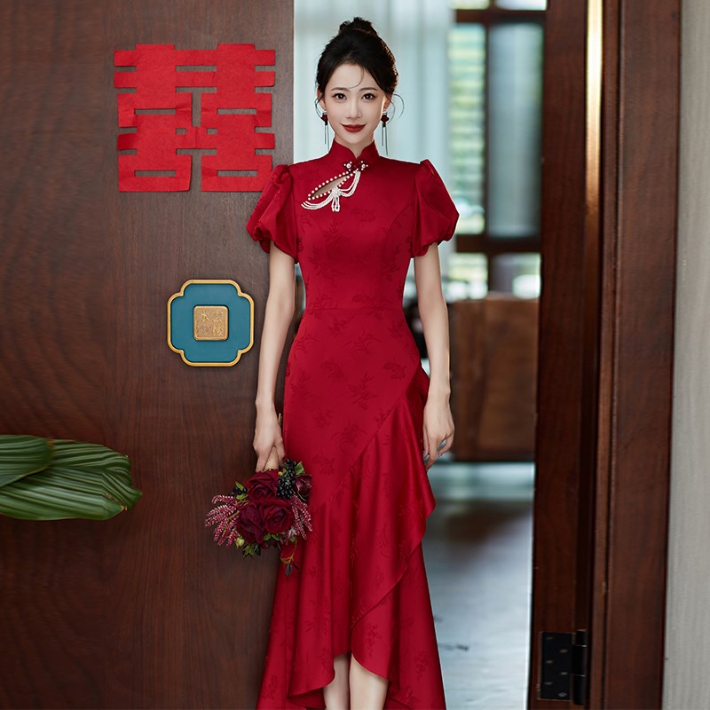 好货红色订婚礼裙前短后长法式复古改良生日旗袍礼服新娘结婚敬酒