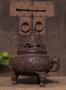 极速仿古铁器纯铁弥勒佛双耳三足薰香炉古法工艺中式会所古典装饰