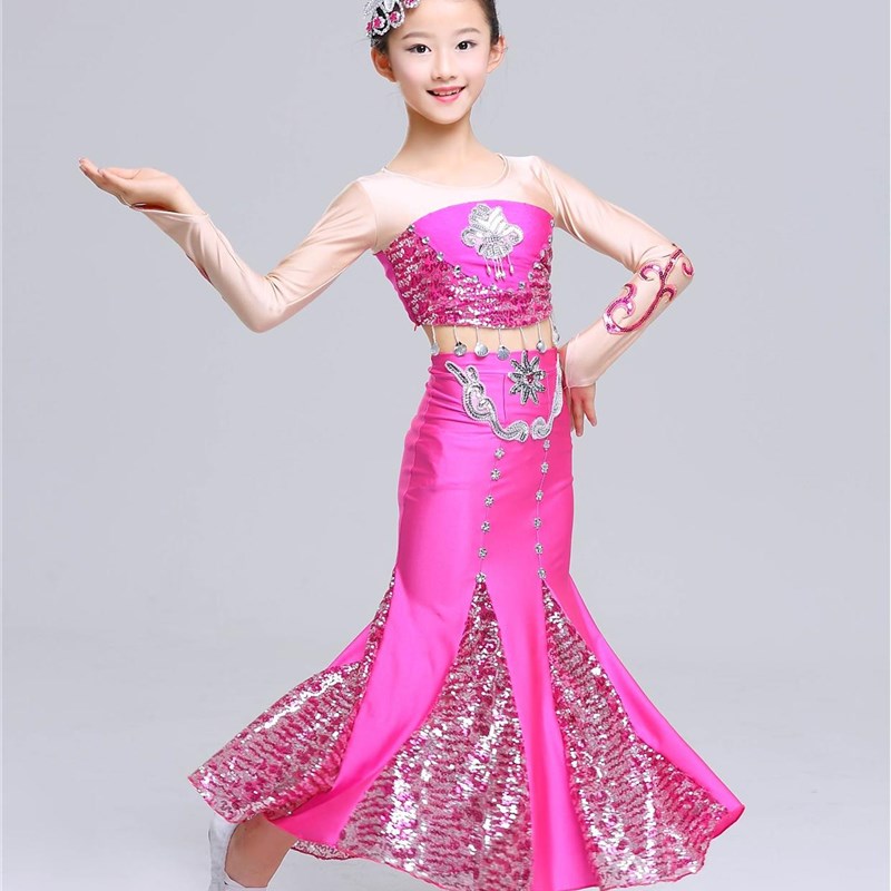 l六一儿演出服孔装女舞童幼儿少儿舞蹈裙傣族童雀舞民族表演服M