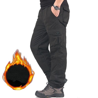 Mens Cargo Fleece Pants Double Layer Winter Thicken Warm T