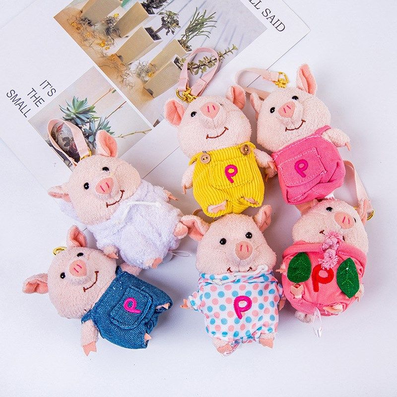 10cm Super Cute Pig Plush Pendant Doll Straw Hat Clothes Co
