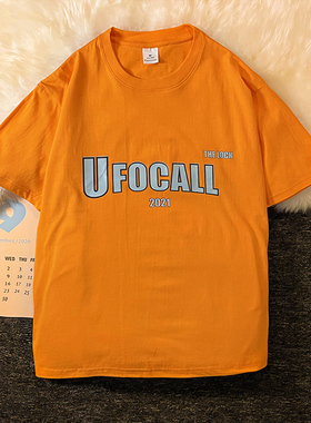 夏日橙色短袖t恤男士美式街头半袖奶甜上衣夏青少年痞帅文艺体恤