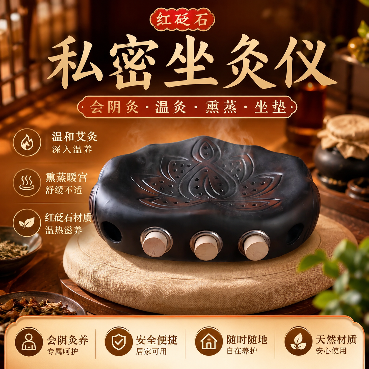 私密坐灸仪红砭石艾灸罐会阴灸家用温灸艾灸蒲团坐垫随身灸熏蒸仪
