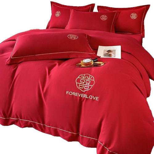 婚庆水洗棉喜庆四件套中式大红色床单高档刺绣被套结婚房床上用品