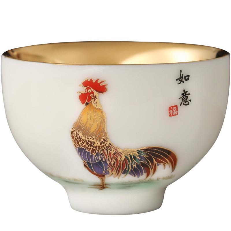 鎏金鸡缸杯主人杯茶杯单杯品茗杯商务礼品伴手礼茶具羊脂玉瓷杯