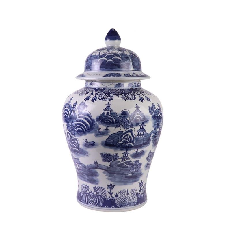 景德军镇青陶瓷罐山水人物陶瓷将罐罐花叶喜字纹TQR带花盖桌面插