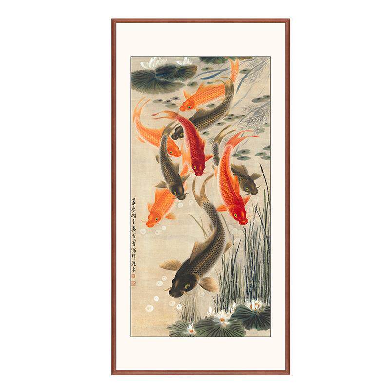 新中式禅意装饰画入户玄关花鸟祥和九鱼图风水画艺术微喷宣纸挂画