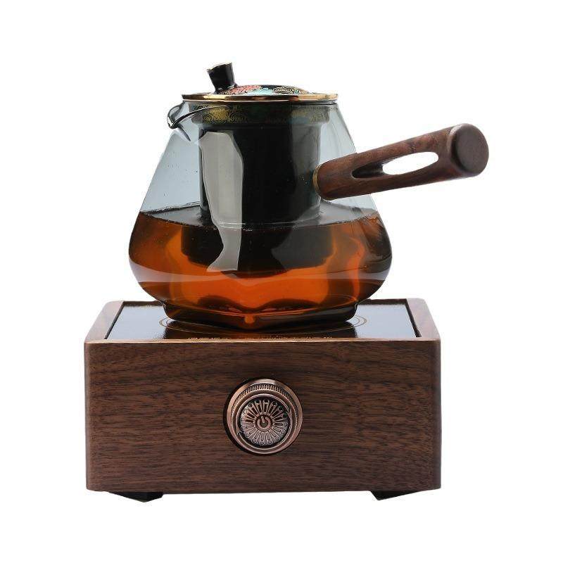 胡桃木电陶炉家用室内加厚玻璃耐高温煮茶壶茶水分离煮茶器侧把壶