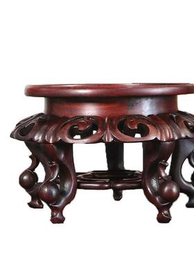 天然红木紫光檀红酸枝花架花瓶盆景茶壶奇玉石头实木质圆形底座