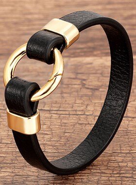 极速ndy Genuine Leather Mens Jewelry Gold Metal Round Sprin
